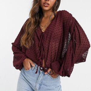 ASOS DESIGN long sleeve sheer textured plunge top in berry